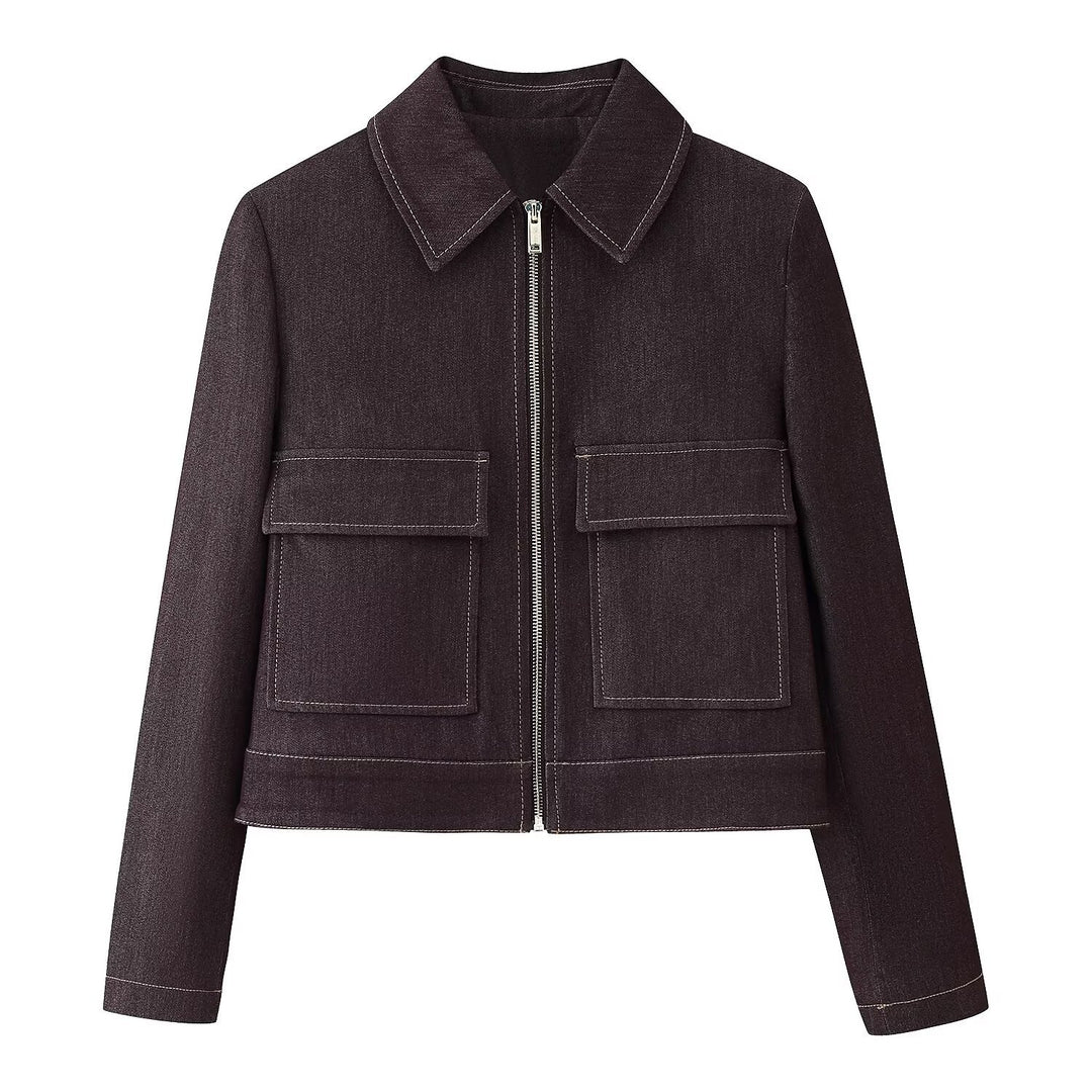 Women Short Boxy Jeans Jacket with Full Zip and Flap Patch Pockets Mune Fashion