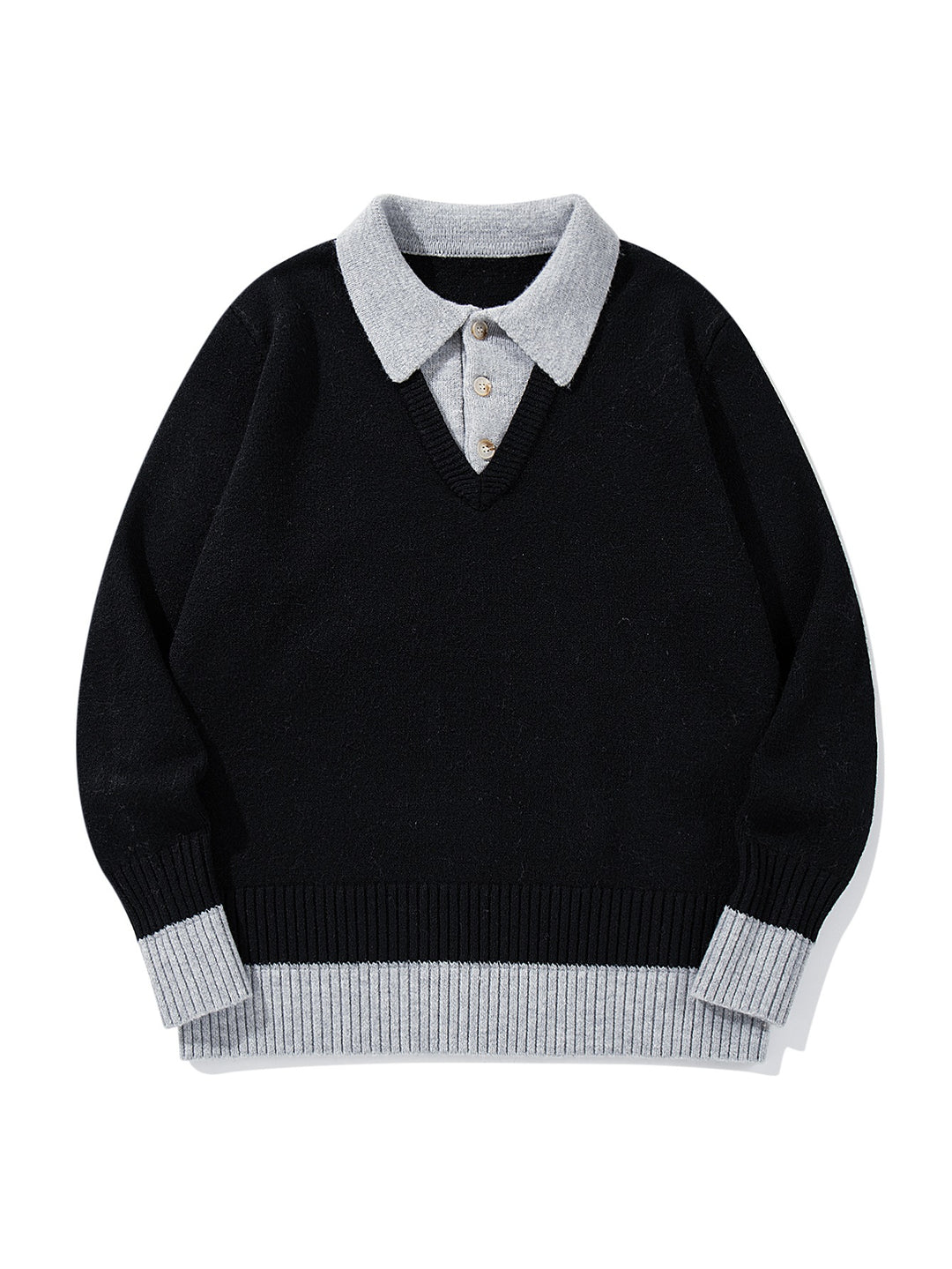 Men's Polo Collar Knitted Sweater with Button Placket and Contrasting Cuffs Mune Fashion