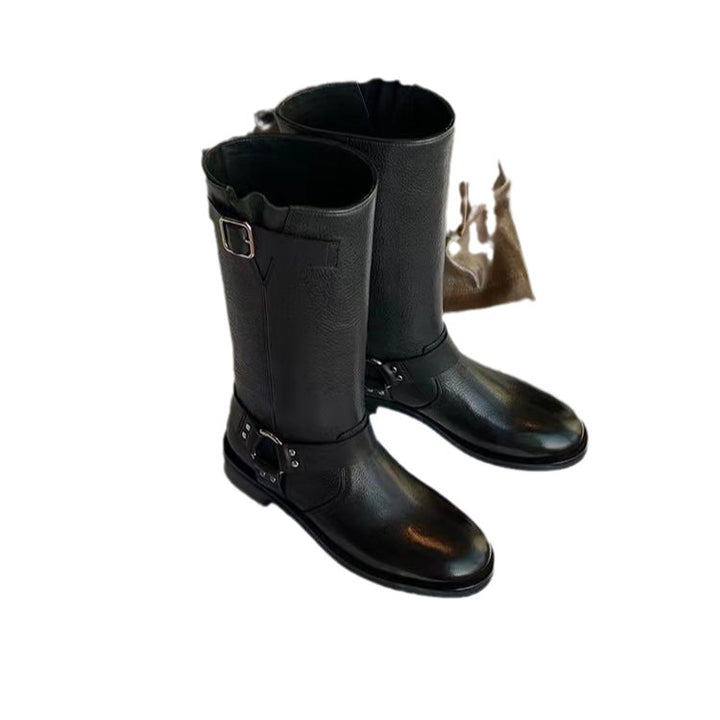 Women's knee-high leather biker boots with harness straps & adjustable shaft buckle Mune Fashion