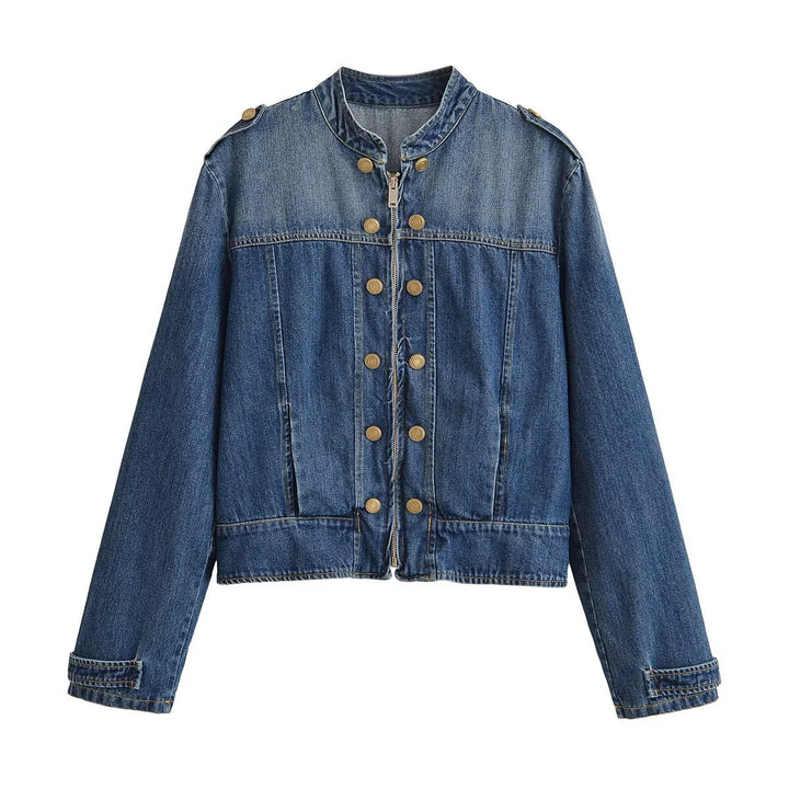 Ladies' denim jacket in military style with stand-up collar, double decorative button placket and epaulettes Mune Fashion