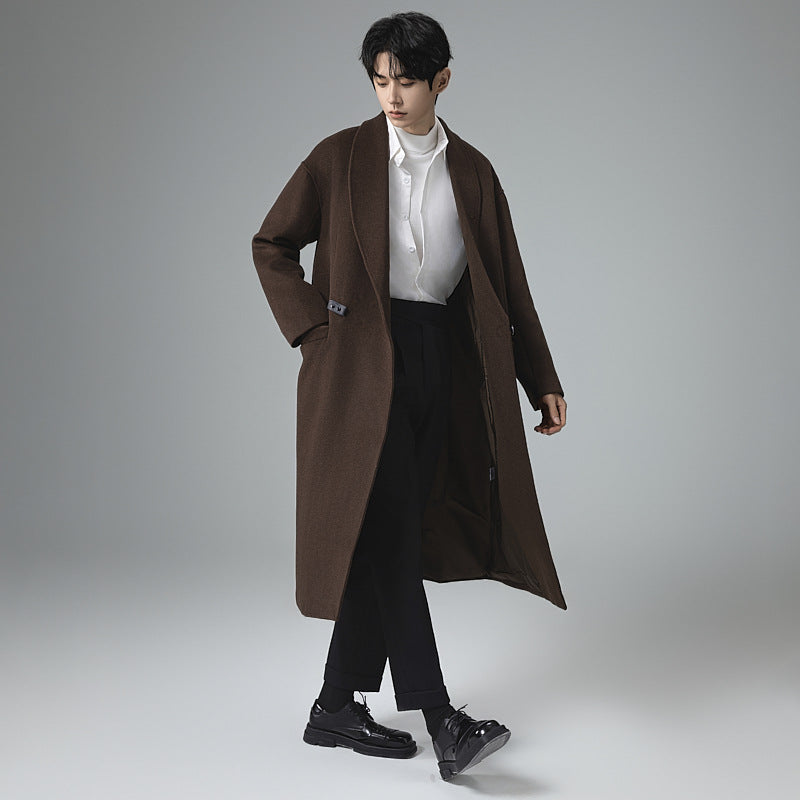 Men's maxi-length wool blend overcoat in oversized fit with wide shawl collar and decorative belt Mune Fashion