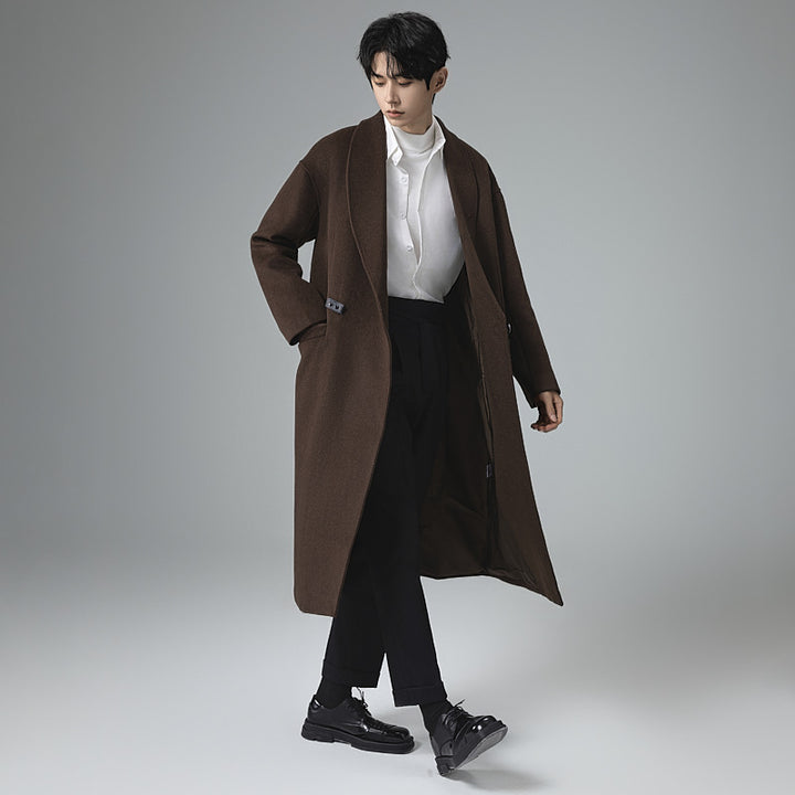 Men's maxi-length wool blend overcoat in oversized fit with wide shawl collar and decorative belt Mune Fashion