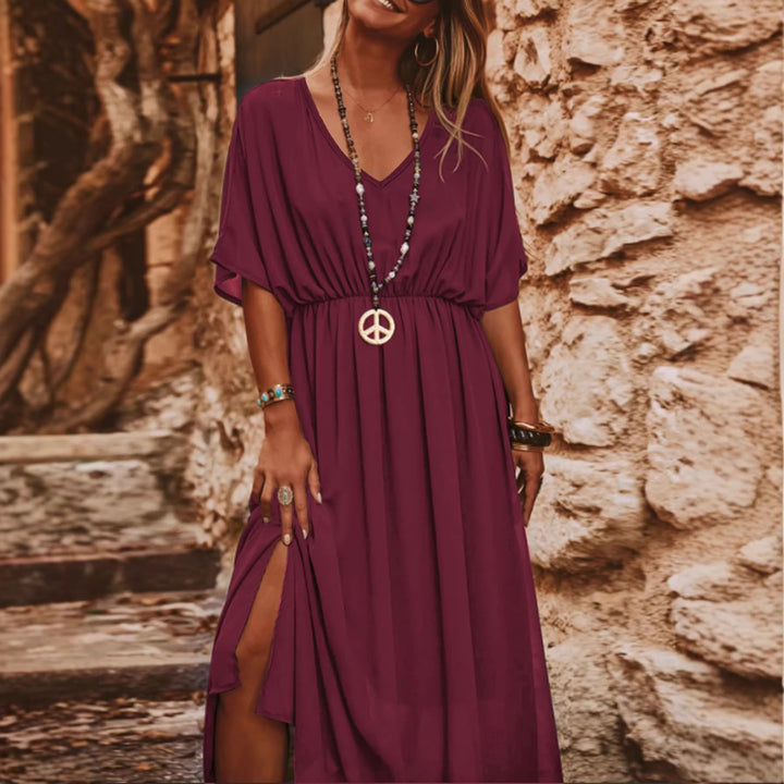 Women's Long Boho Maxi Dress with V-Neck, Wide Batwing Sleeves and High Slit Drune