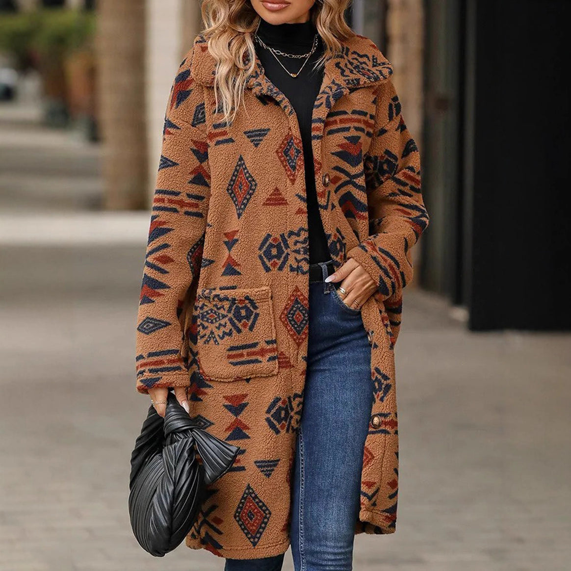 Women Teddy Coat with Aztec Pattern, Button Placket and Patch Pockets Mune Fashion