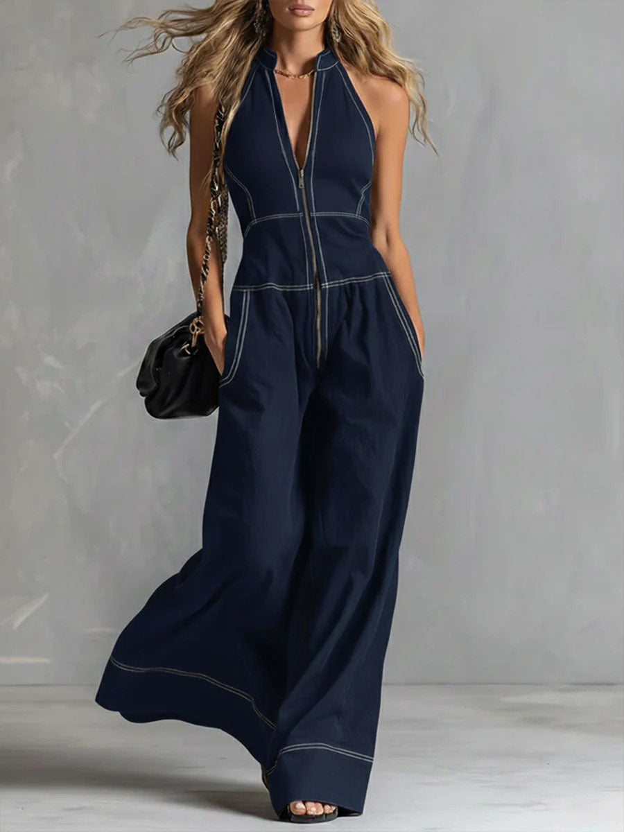 Women's Sleeveless Halter Jumpsuit with Zipper, Wide Leg and Side Pockets Mune Fashion