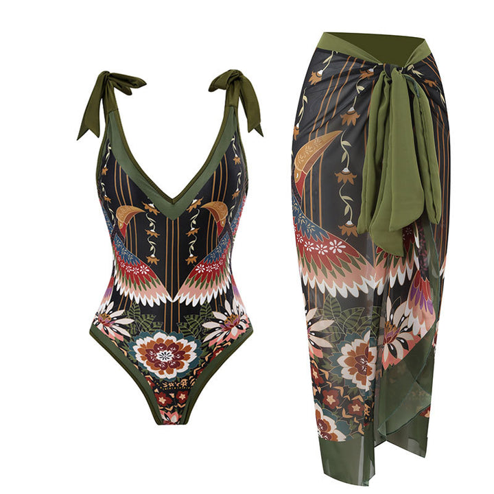 Women’s One-Piece Swimsuit with Playful Tie Straps and Elegant Wrap Skirt Mune Fashion