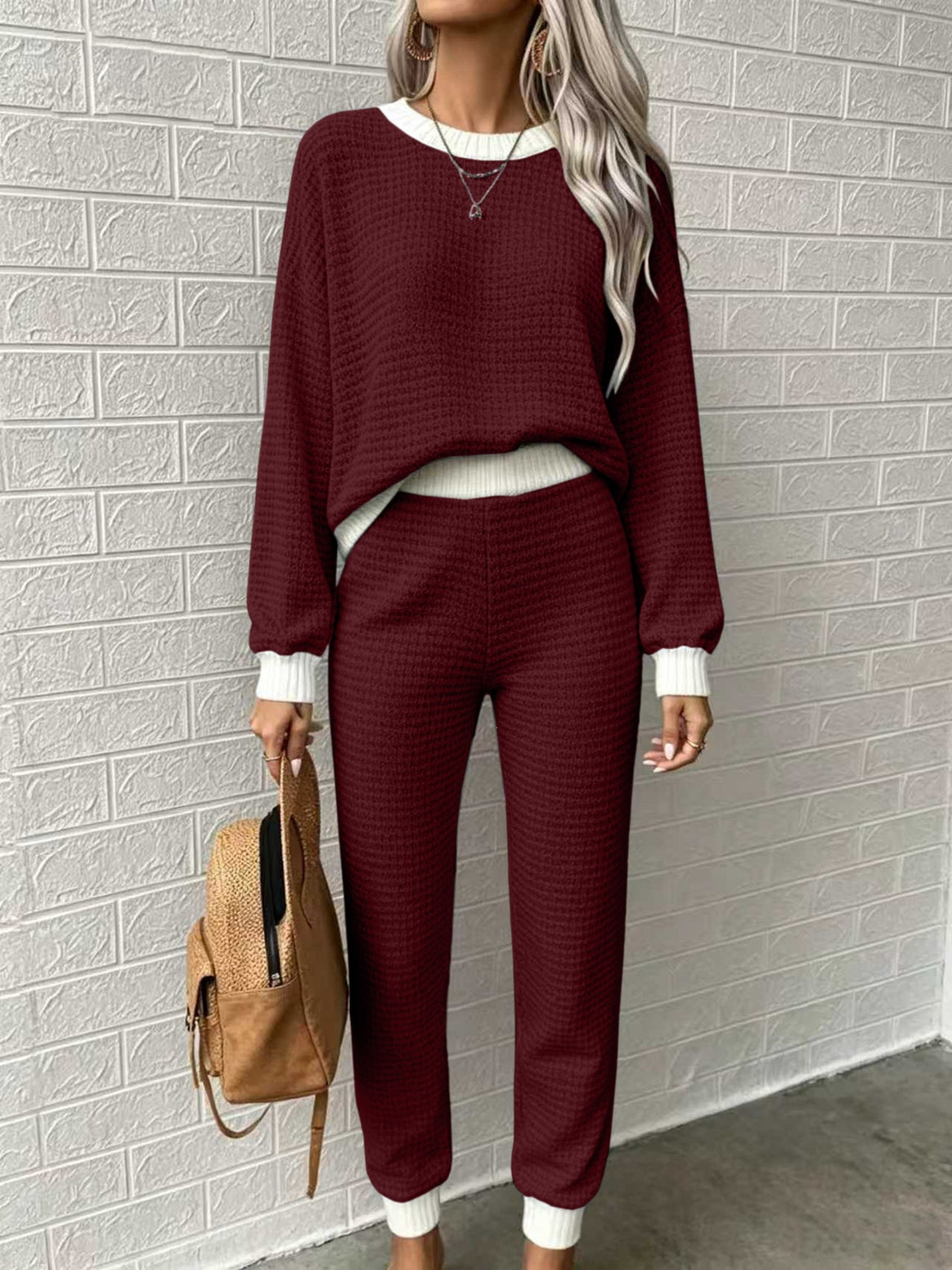 Women Comfortable Waffle Knit Lounge Set with Ribbed Cuffs Mune Fashion