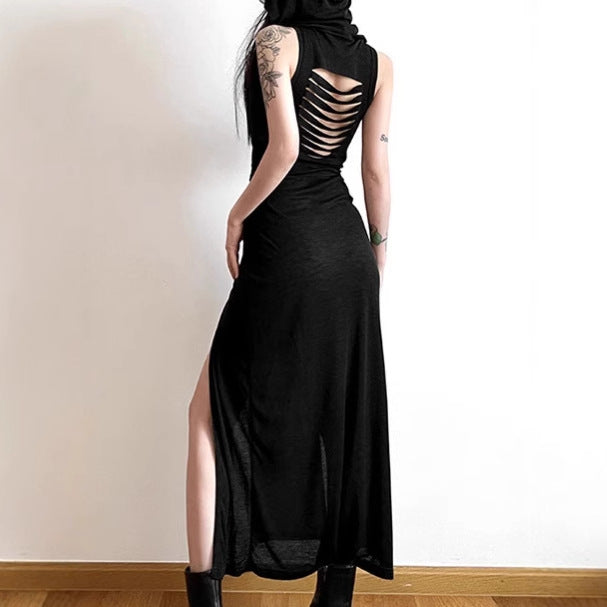Women Elegant Maxi Dress with High Slit and Hood Mune