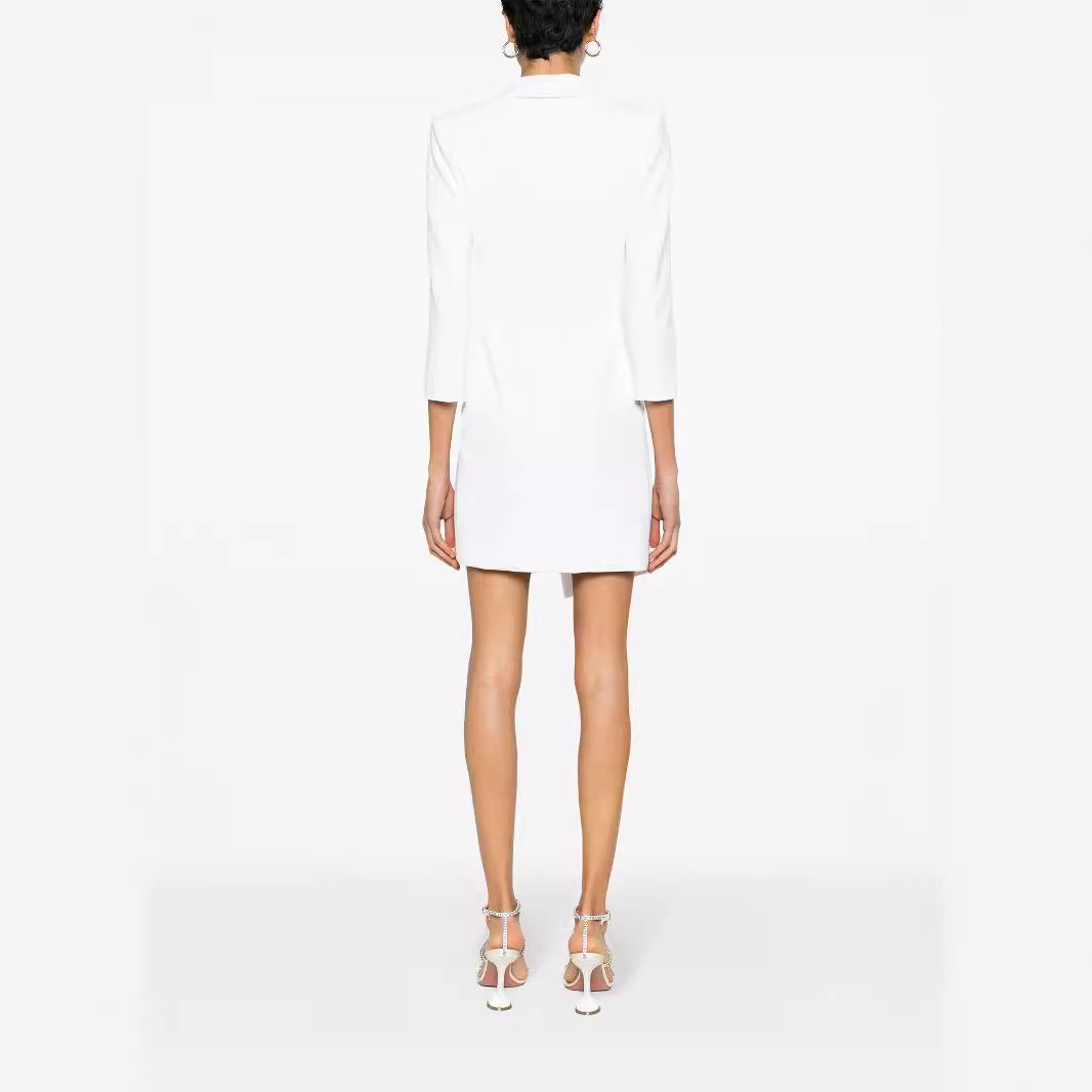 Women Tailored Blazer Dress with Asymmetrical Hem and 3/4 Sleeves Mune Fashion