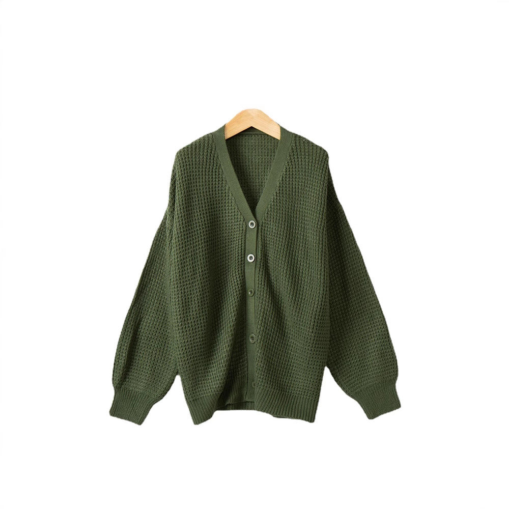 Women Waffle Structure Cardigan with Deep V Neck and Boxy Oversized Cut Mune Fashion