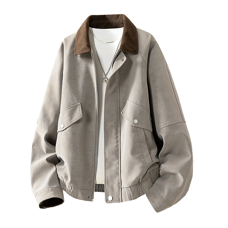 Men's Oversized Velour-Look Transitional Blouson with Shirt Collar, Zipper & Elastic Hem