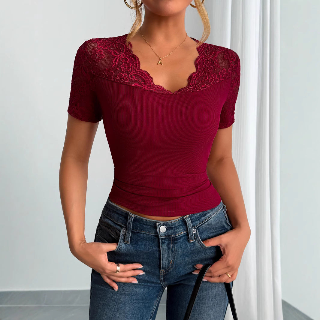 Ladies' fitted short-sleeve top with lace trim and V-neck Mune Fashion
