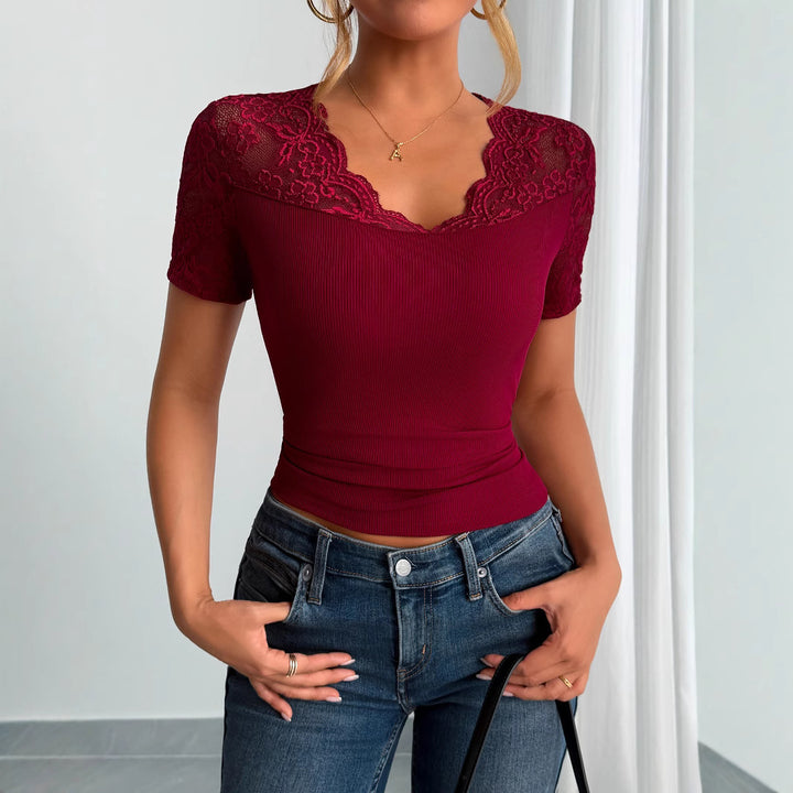 Ladies' fitted short-sleeve top with lace trim and V-neck Mune Fashion
