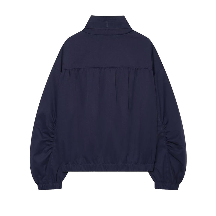 Women's cropped blouson with high stand-up collar, voluminous gathered sleeves and metal zipper Drune