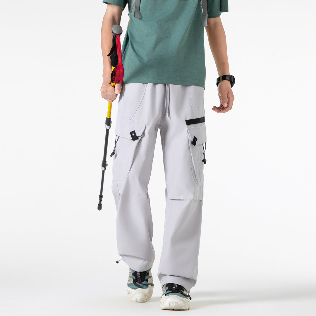 Men's Wide Utility Cargo Pants with Drawstring Waist, Multiple Pockets, and Adjustable Leg Openings Drune