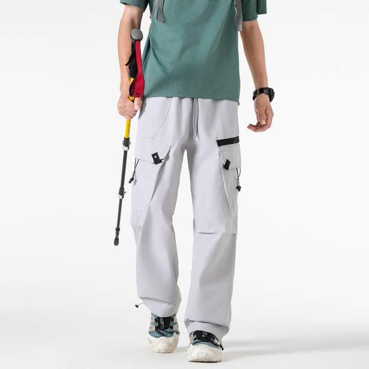 Men's Wide Utility Cargo Pants with Drawstring Waist, Multiple Pockets, and Adjustable Leg Openings Drune