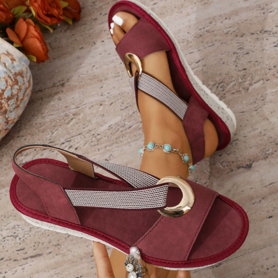 Women's Comfortable Wedge Sandals with Toe Post, Elastic Strap and Decorative Metal Ring Mune Fashion