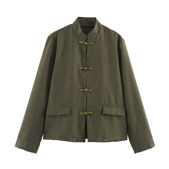 Women's Boxy Linen Blend Jacket with Stand Collar and Chinese Toggle Closures Mune Fashion
