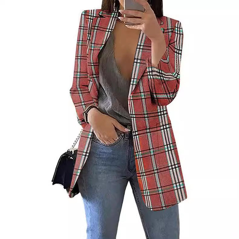 Women's tailored check blazer longline with structured shoulder area and open front Mune Fashion