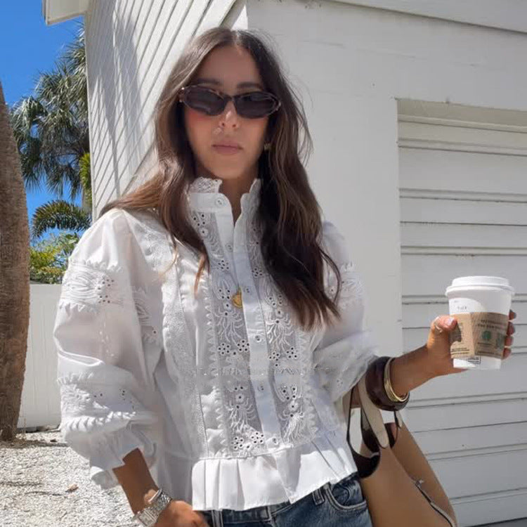 Ladies Broderie-Anglaise blouse with stand-up collar, ruffled hem and balloon sleeves Mune Fashion