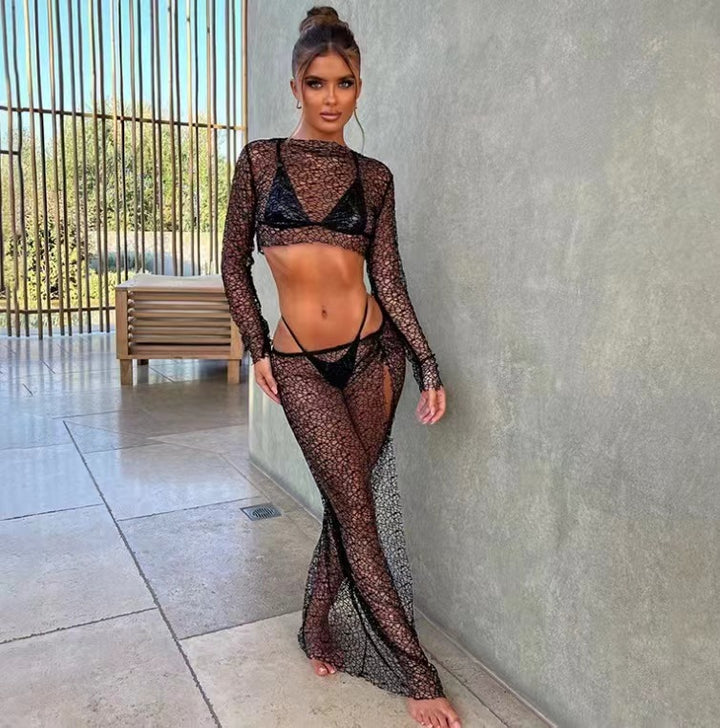 Women Transparent Beach Bodysuit with Long Sleeve Mune Fashion