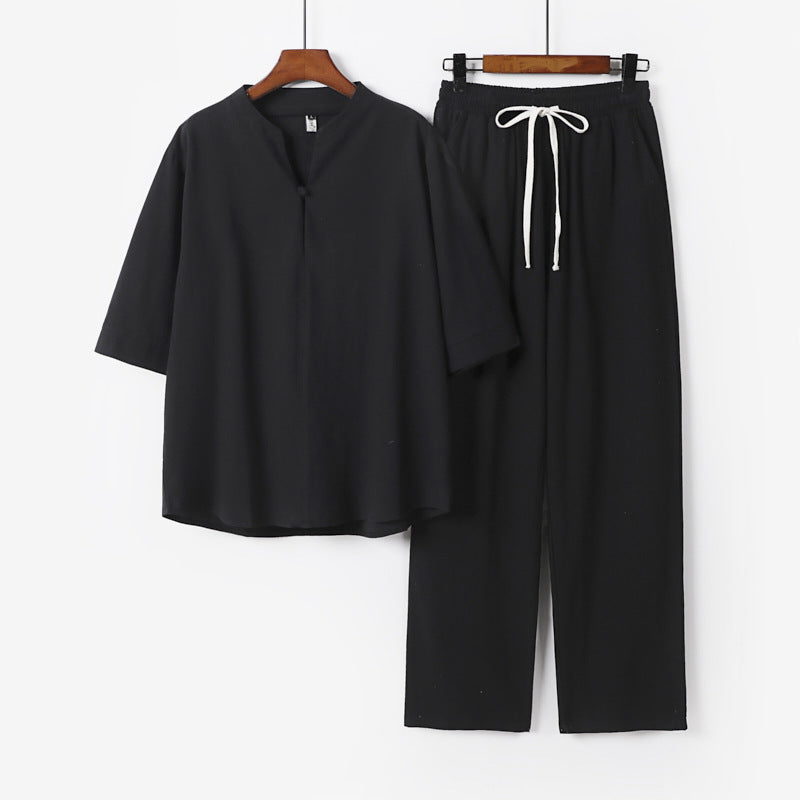 Unisex Lockeres Lounge Set with Stand Collar Half Sleeve Shirt and Elastic Waist Pants Mune Fashion
