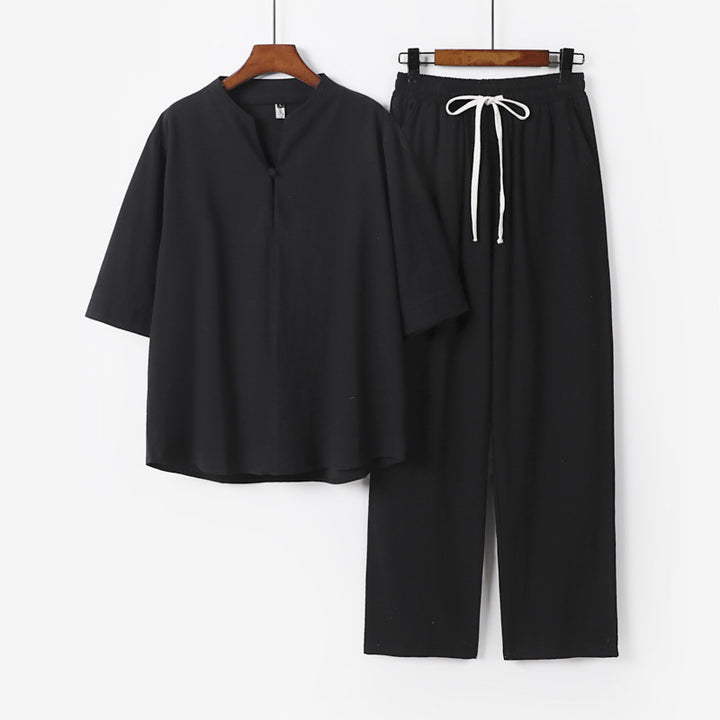 Unisex Lockeres Lounge Set with Stand Collar Half Sleeve Shirt and Elastic Waist Pants Mune Fashion