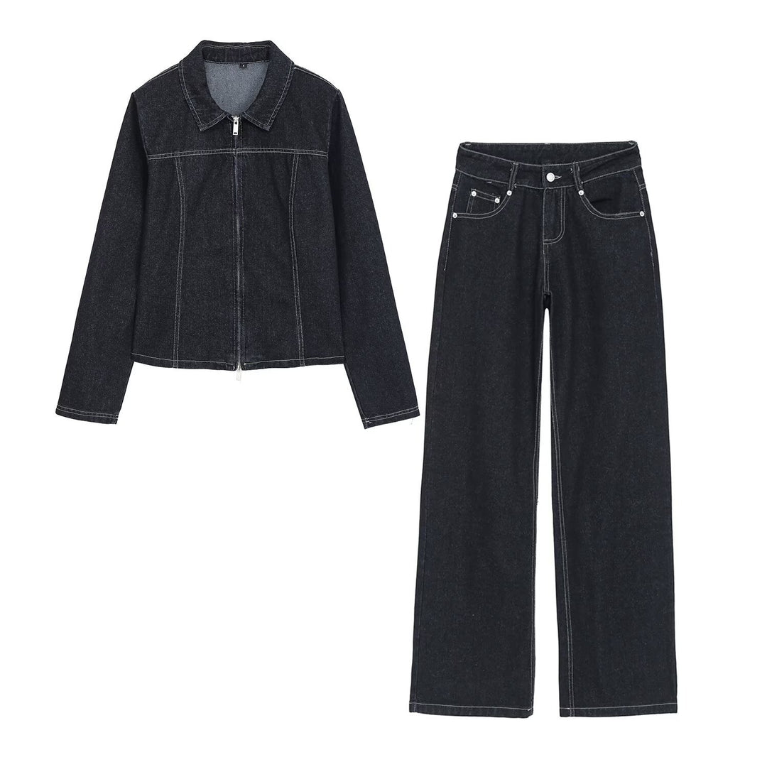 Women's High-Waist Jeans Pants with Wide Leg and Contrast Stitches Mune Fashion