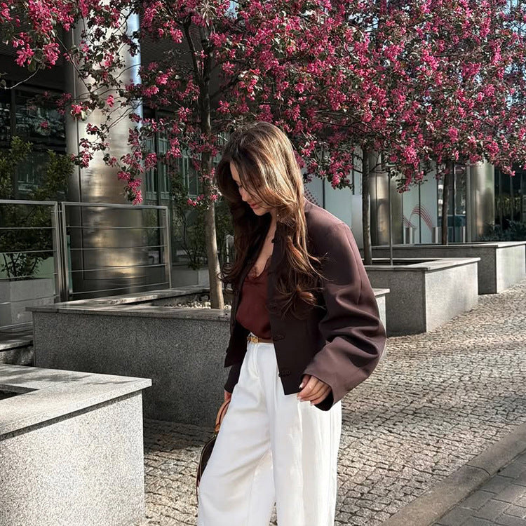 Women Short-cut Boxy Blazer with Stand Collar and Chinese Knot Buttons Mune Fashion