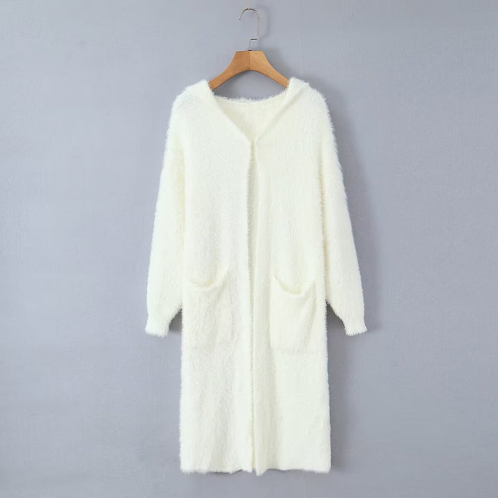 Women Longer fluffy hooded cardigan with patch pockets and open front Mune Fashion