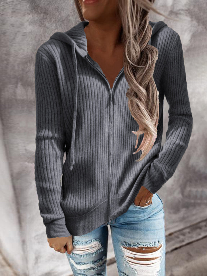 Women's Ribbed Hooded Sweater with Zipper and Front Pockets Mune Fashion