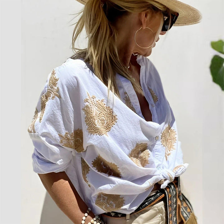Women’s Boho Linen Blouse with Bead Embroidery and Knot Band Mune Fashion