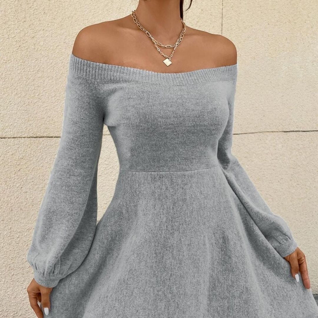 Women's Off-Shoulder Fine Knit Dress with Fitted Cut and Balloon Sleeves Mune Fashion