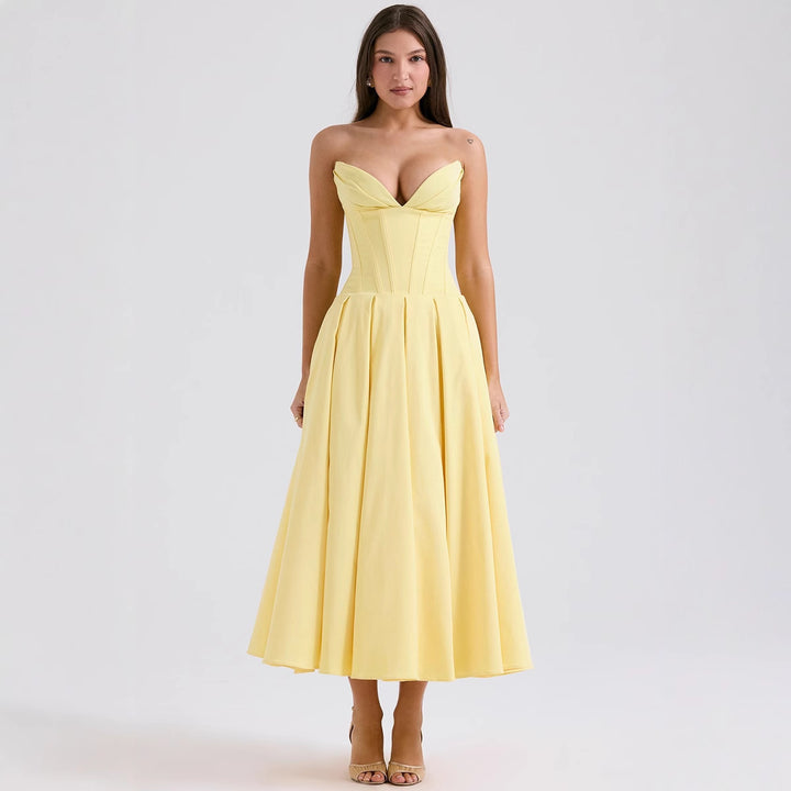 Women's strapless corset midi dress with pre-shaped bodice construction and flared circle skirt Mune Fashion