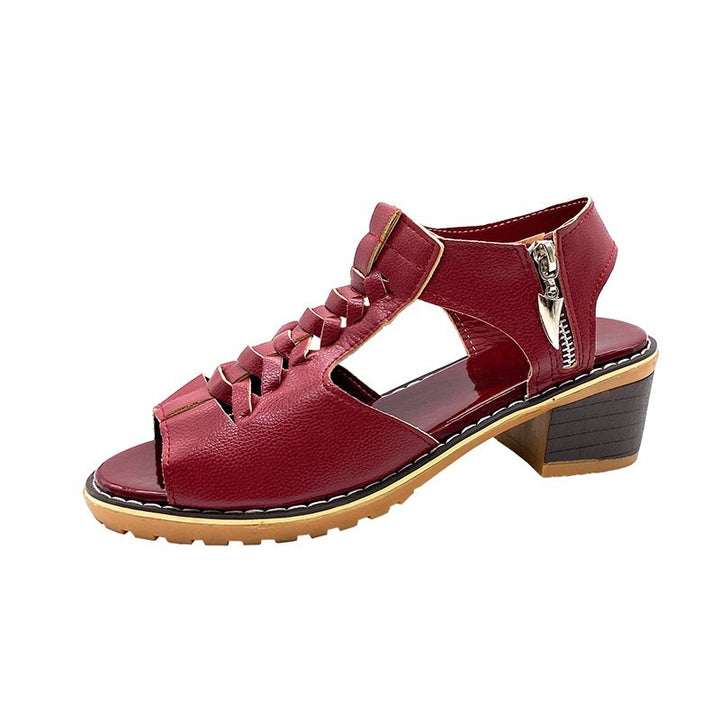 Women's Braided Leather Block Heel Sandal with Zipper and Padded Sole Mune Fashion