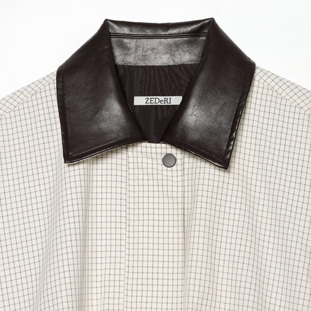 Women's Cropped Blouson Jacket in Boxy Cut with Fine Check Pattern and Contrast Faux Leather Collar Mune Fashion