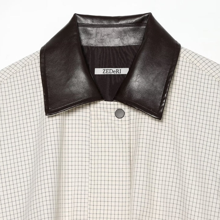 Women's Cropped Blouson Jacket in Boxy Cut with Fine Check Pattern and Contrast Faux Leather Collar Mune Fashion
