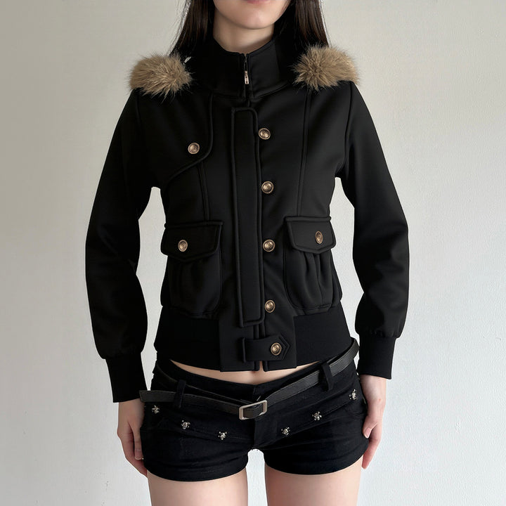 Women's Short-Cut Utility Bomber Jacket with Stand-Up Collar, Hood, and Faux Fur Trim Mune Fashion
