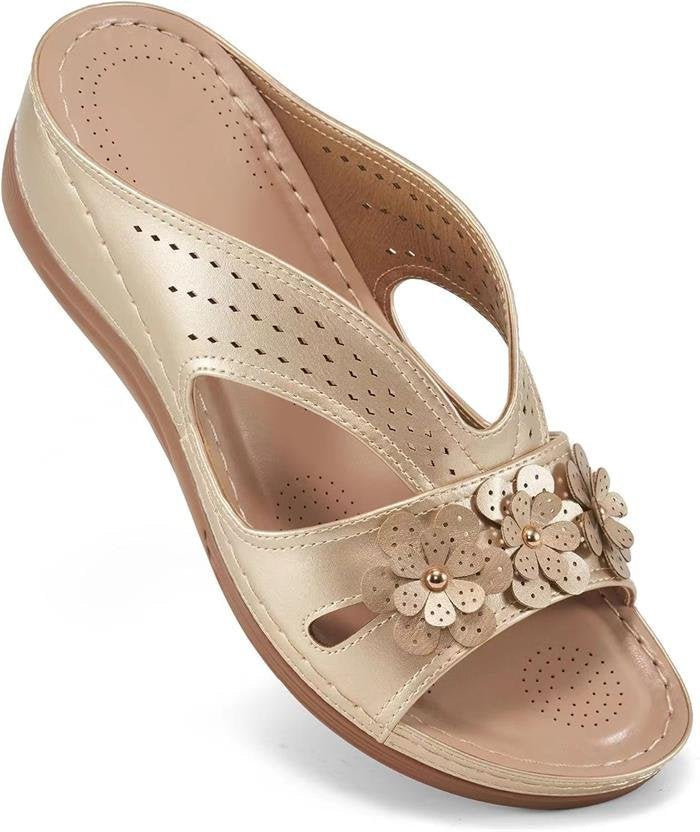 Ladies Comfortable Slippers with Flower Appliqué and Orthopedic Cushioning Mune Fashion