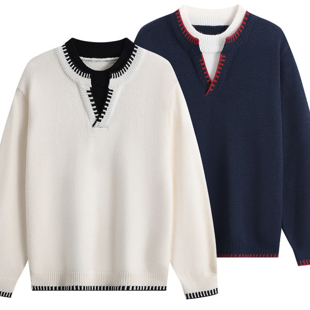 Unisex Oversize Fine Knit Sweater with V Notch & Contrasting Ribbed Collar Mune Fashion
