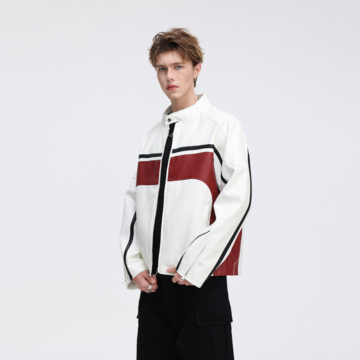 Men's Faux Leather Biker Jacket with Contrast Panels and Stand-Up Collar Mune Fashion