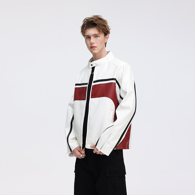 Men's Contrast Faux Leather Biker Jacket with Stand Collar and Zip Sleeves Mune Fashion