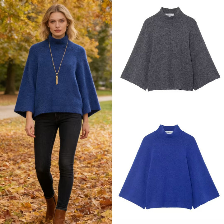 Women's Oversize Knit Poncho with Stand-Up Collar and Wide Swing Cut Mune Fashion