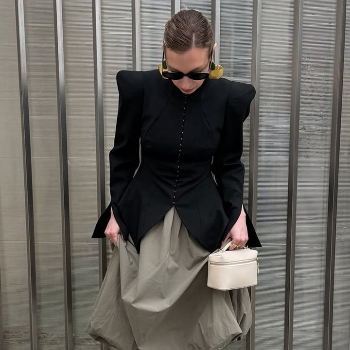 Women's Tailored Blazer with Sculptural Shoulders, Emphasized Waist and Pointed Peplum