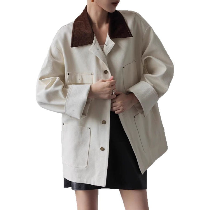 Women's Oversized Cab Jacket made of structured cotton blend with contrasting cord collar and patch pockets
