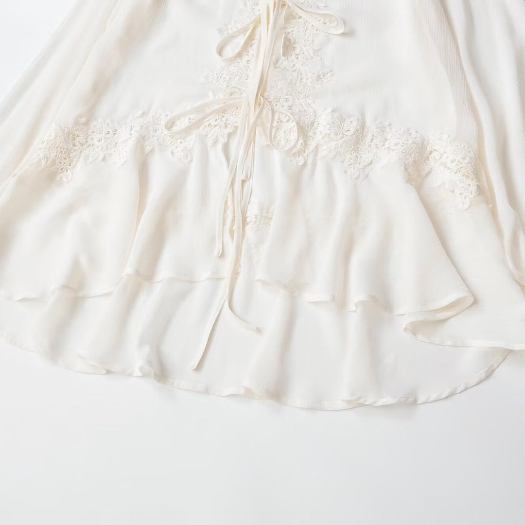Women’s Boho Lace Blouse with Ruffles, Long Ruffled Sleeves, and Ties Mune Fashion