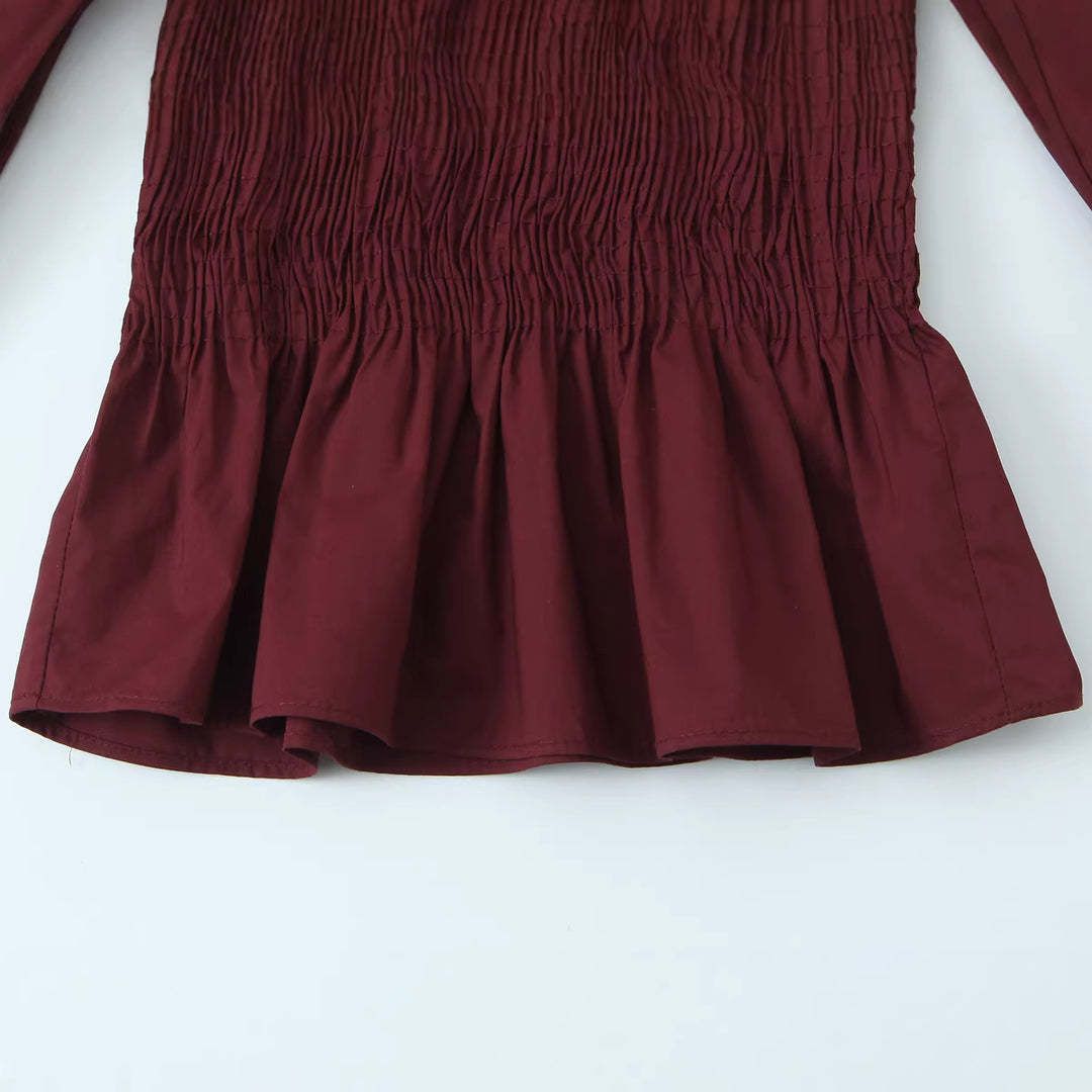 Women's Smocked Blouse with Ruffled Collar and Flounce Peplum Mune Fashion