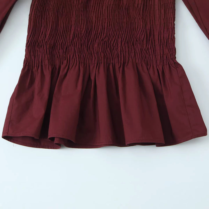 Women's Smocked Blouse with Ruffled Collar and Flounce Peplum Mune Fashion