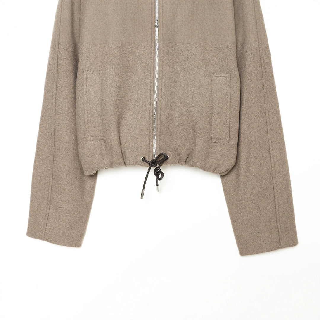 Women's short wool jacket with full zip, lapel collar, and drawstring hem Mune Fashion