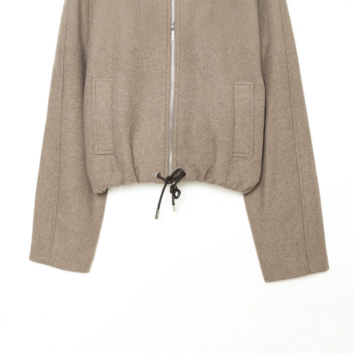 Women's short wool jacket with full zip, lapel collar, and drawstring hem Mune Fashion